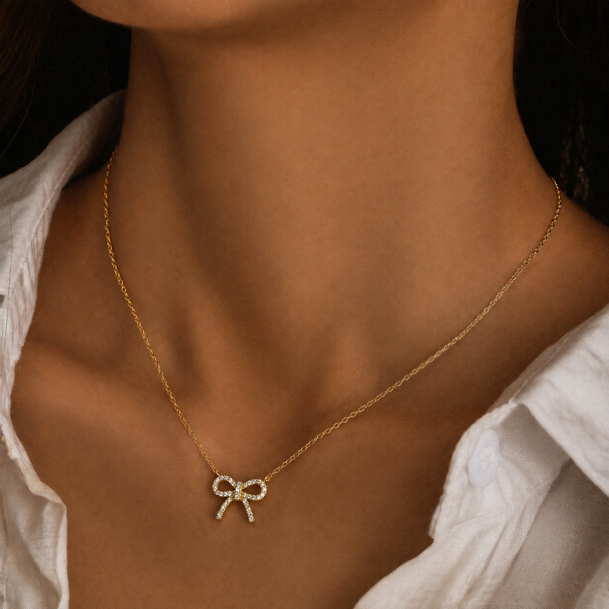 Sparkling Cubic Zirconia Bow Necklace – 18K Gold Plated 925 Sterling Silver