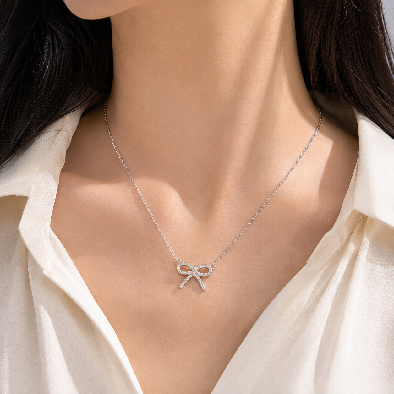 Sparkling Cubic Zirconia Bow Necklace – 18K Gold Plated 925 Sterling Silver