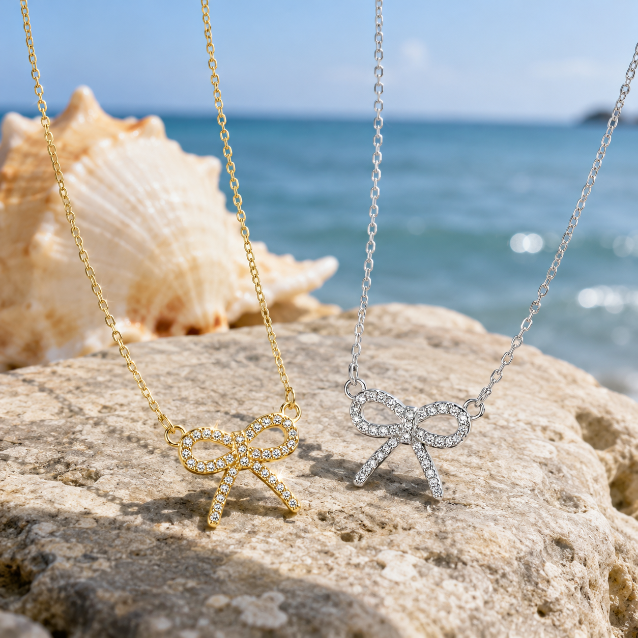 Sparkling Cubic Zirconia Bow Necklace – 18K Gold Plated 925 Sterling Silver