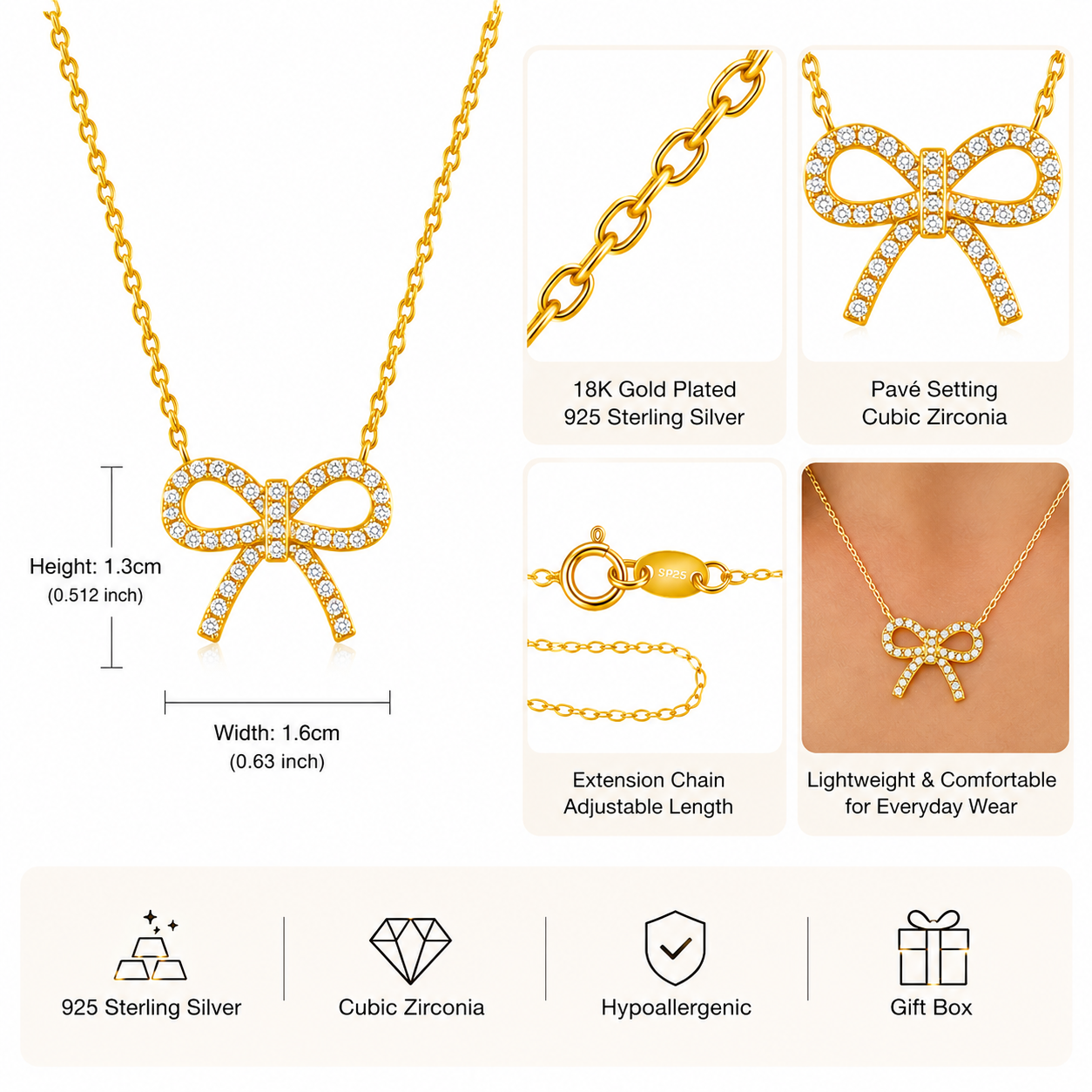Sparkling Cubic Zirconia Bow Necklace – 18K Gold Plated 925 Sterling Silver