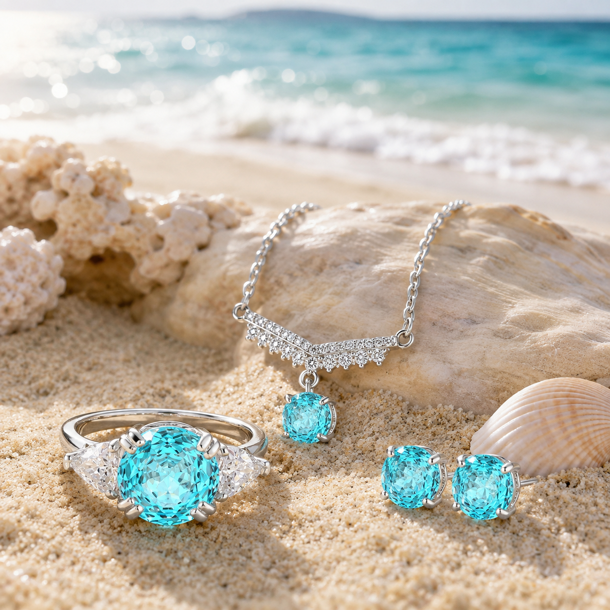 925 Sterling Silver Aqua Blue Cubic Zirconia Jewelry Set, Necklace Ring Stud Earrings for Women