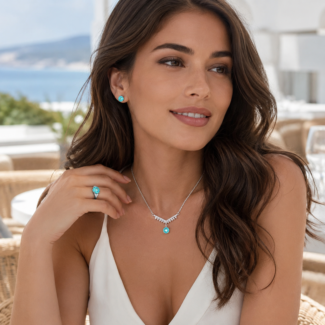 925 Sterling Silver Aqua Blue Cubic Zirconia Jewelry Set, Necklace Ring Stud Earrings for Women