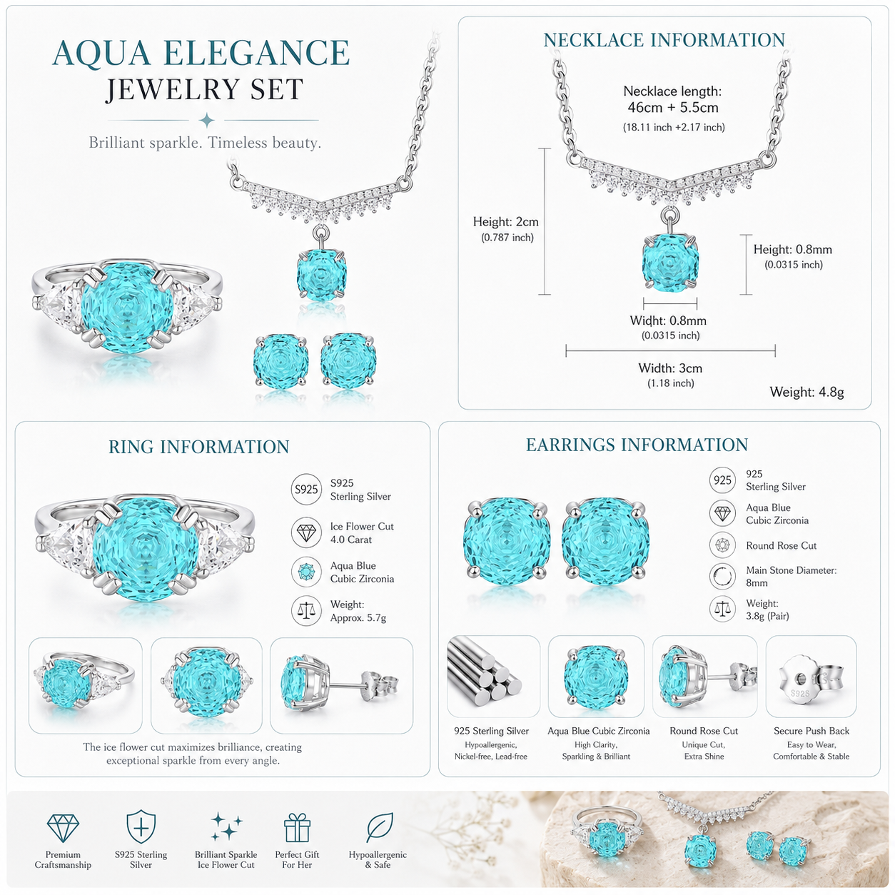 925 Sterling Silver Aqua Blue Cubic Zirconia Jewelry Set, Necklace Ring Stud Earrings for Women