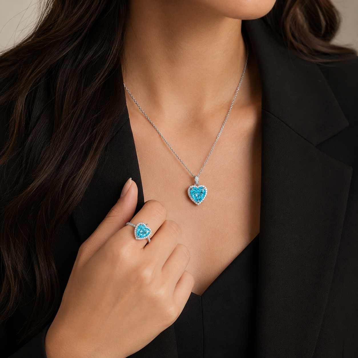 Luxury 925 Sterling Silver Blue Heart CZ Jewelry Set – Sparkling Heart Necklace, Earrings & Ring