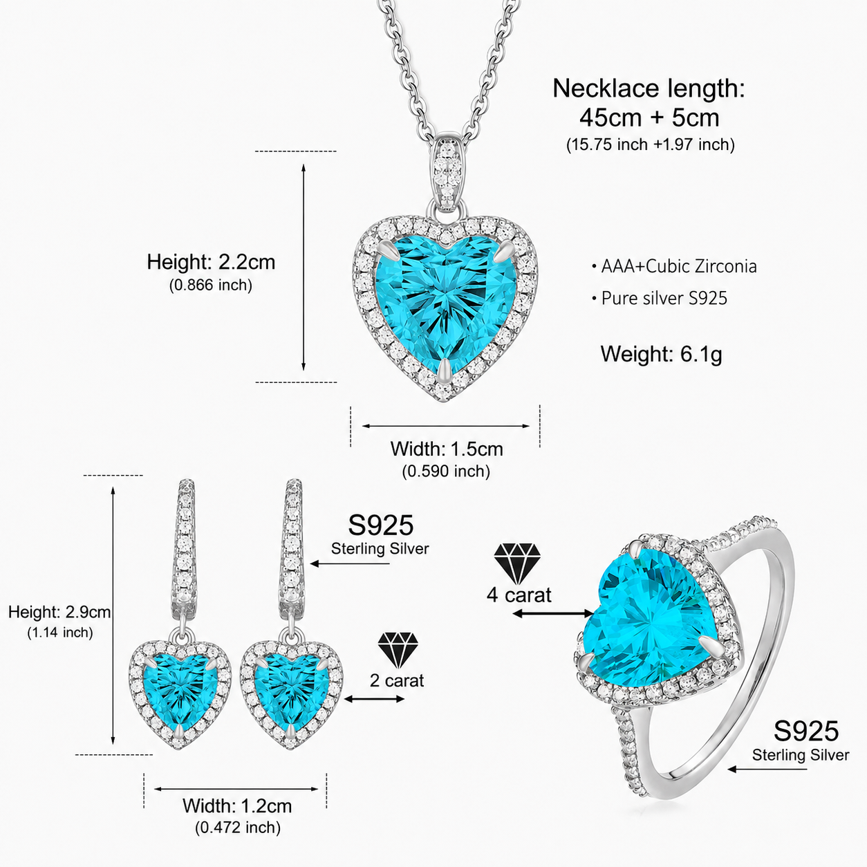 Luxury 925 Sterling Silver Blue Heart CZ Jewelry Set – Sparkling Heart Necklace, Earrings & Ring