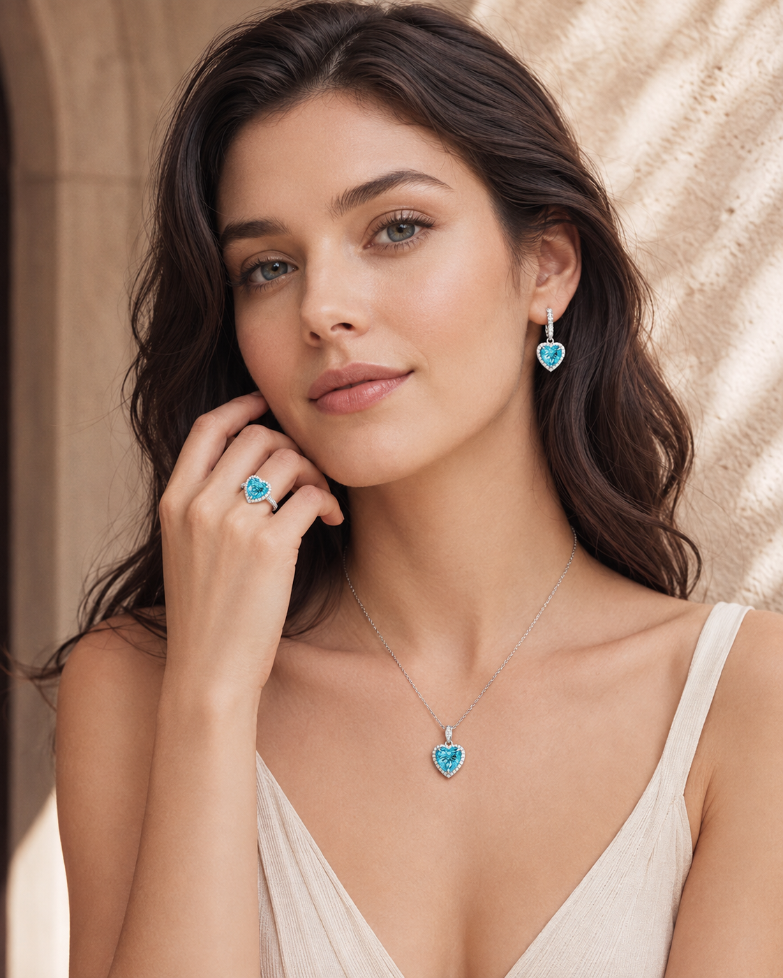 Luxury 925 Sterling Silver Blue Heart CZ Jewelry Set – Sparkling Heart Necklace, Earrings & Ring
