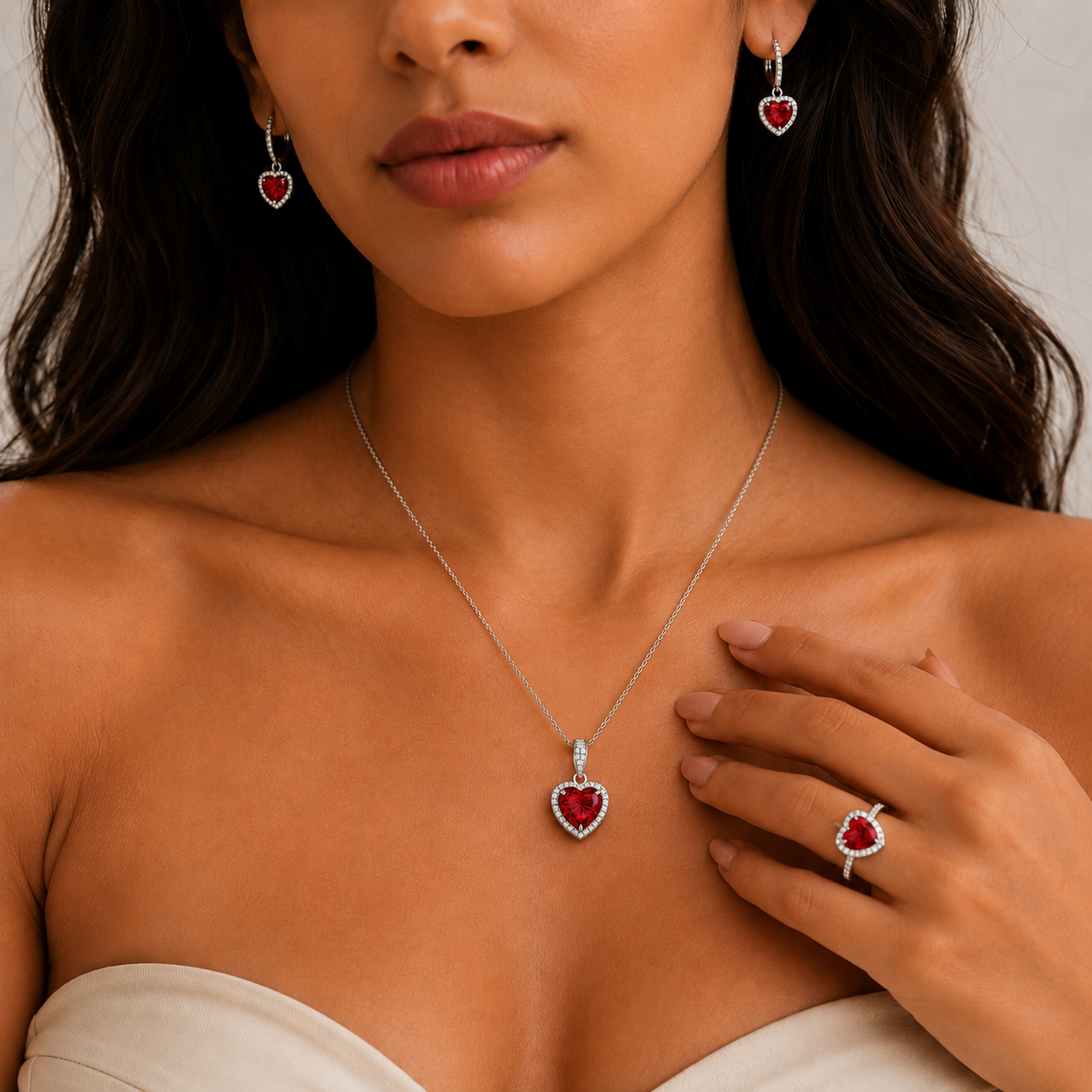 Luxury 3-Piece Red Heart Jewelry Set | S925 Sterling Silver CZ Ring Necklace Earrings