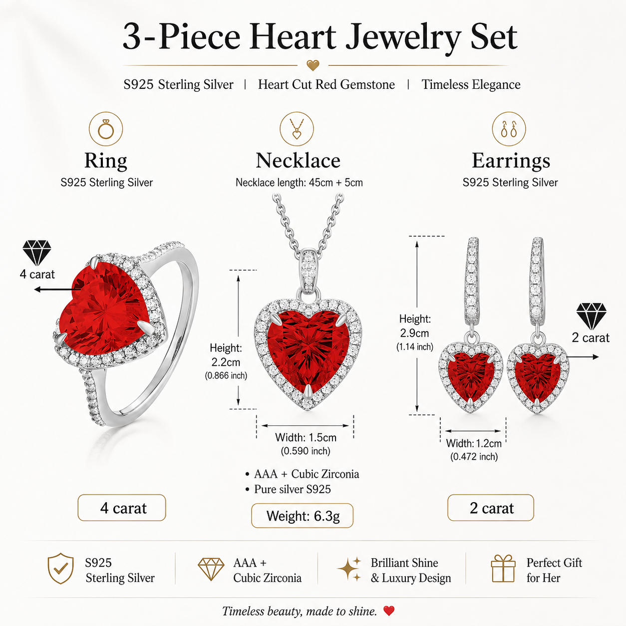 Luxury 3-Piece Red Heart Jewelry Set | S925 Sterling Silver CZ Ring Necklace Earrings