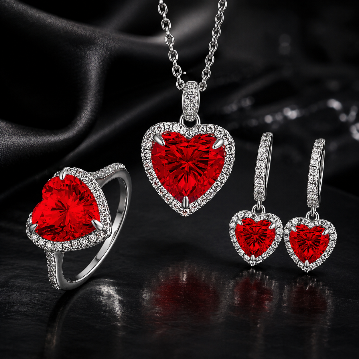 Luxury 3-Piece Red Heart Jewelry Set | S925 Sterling Silver CZ Ring Necklace Earrings