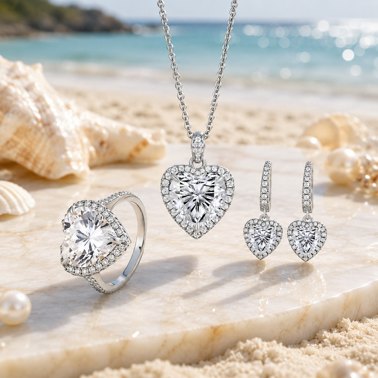 Luxury Heart Cut CZ Jewelry Set for Women | S925 Sterling Silver Necklace Ring Earrings
