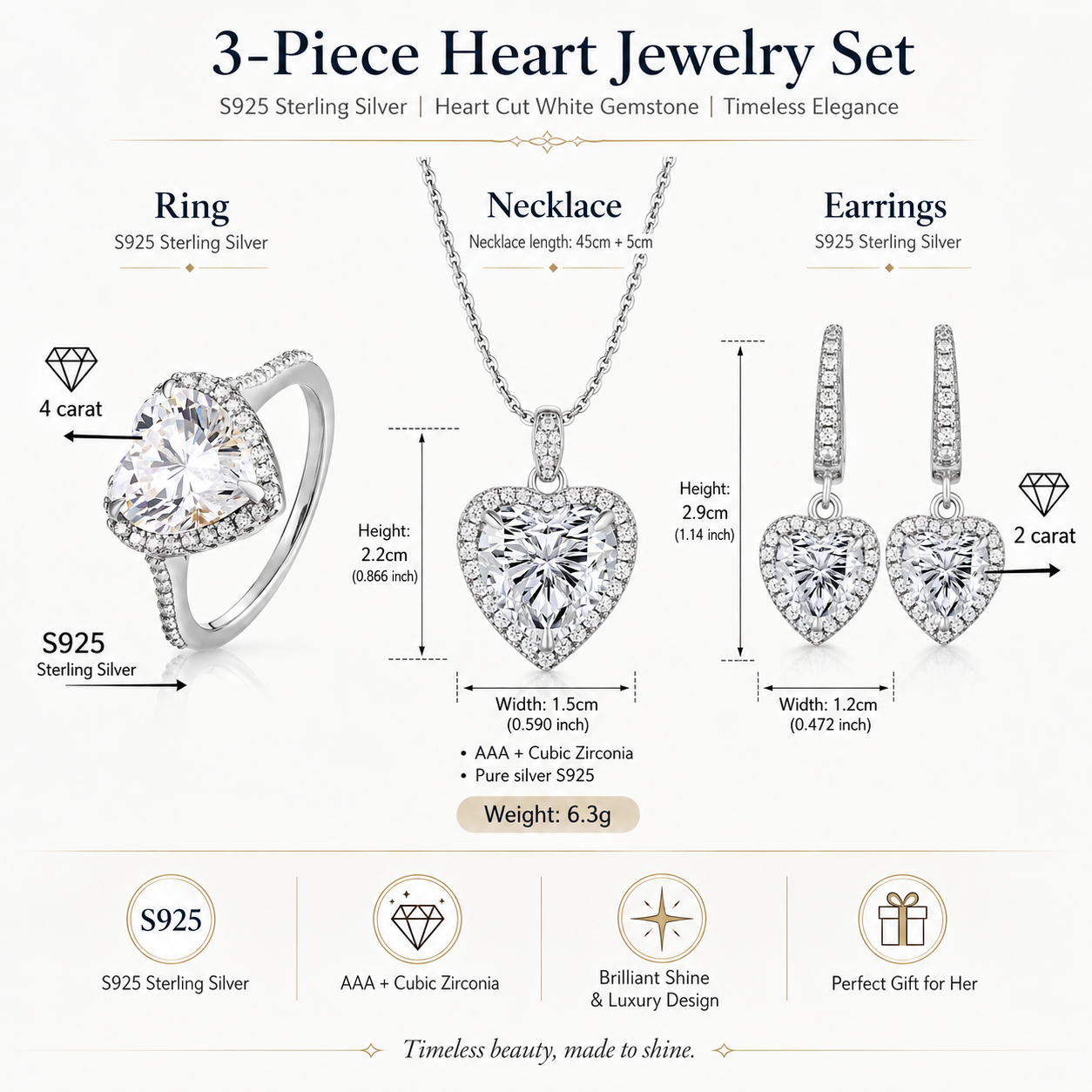 Luxury Heart Cut CZ Jewelry Set for Women | S925 Sterling Silver Necklace Ring Earrings