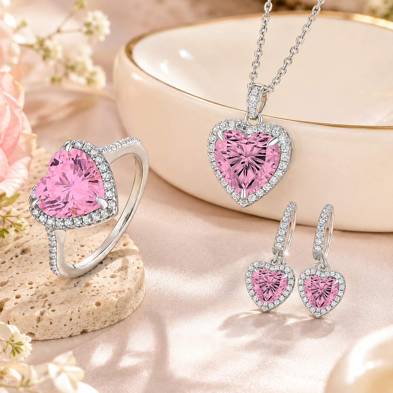 Luxury Pink Heart 3-Piece Jewelry Set in S925 Sterling Silver – Ring, Necklace & Earrings