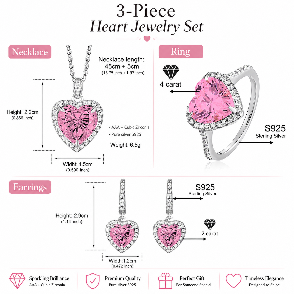 Luxury Pink Heart 3-Piece Jewelry Set in S925 Sterling Silver – Ring, Necklace & Earrings
