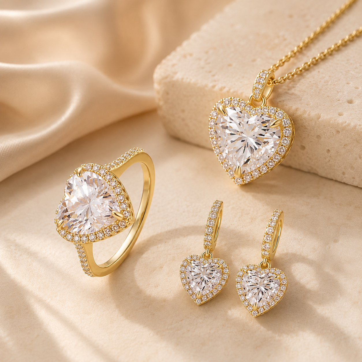 Luxury 3-Piece Heart Jewelry Set – 925 Sterling Silver Gold Plated Necklace, Ring & Earrings