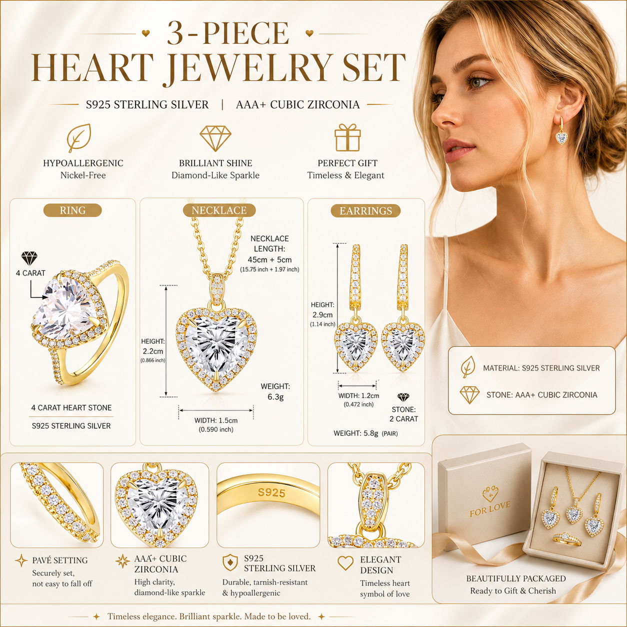 Luxury 3-Piece Heart Jewelry Set – 925 Sterling Silver Gold Plated Necklace, Ring & Earrings