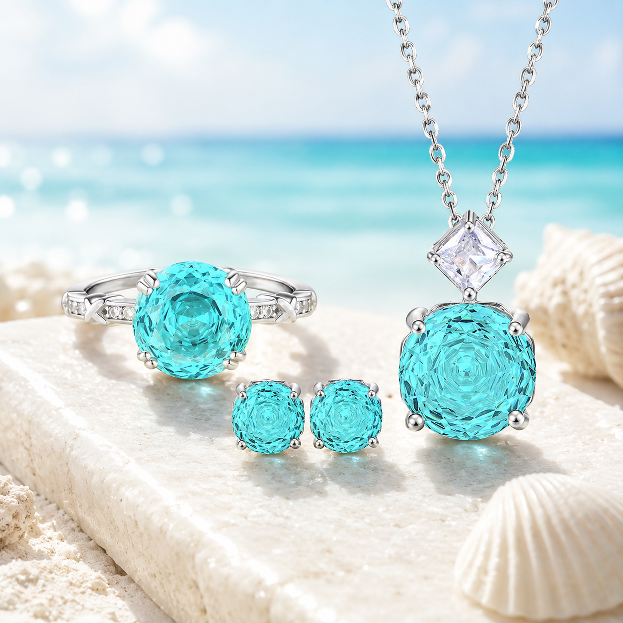 925 Sterling Silver Blue Zircon Jewelry Set – Ring, Necklace & Earrings Gift Set for Women