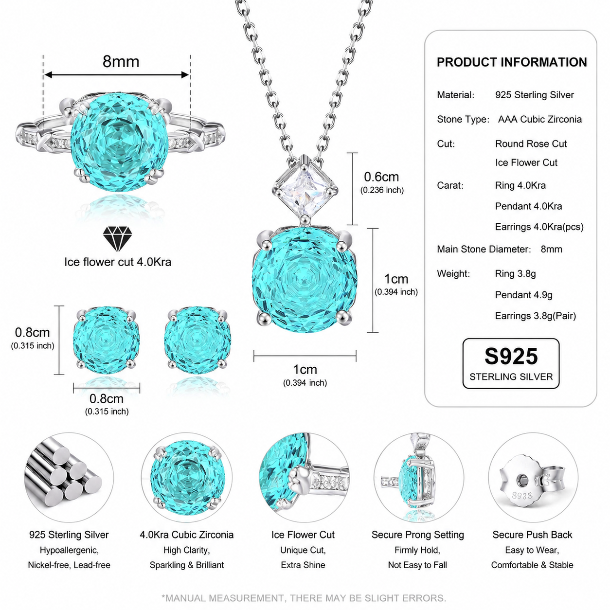 925 Sterling Silver Blue Zircon Jewelry Set – Ring, Necklace & Earrings Gift Set for Women