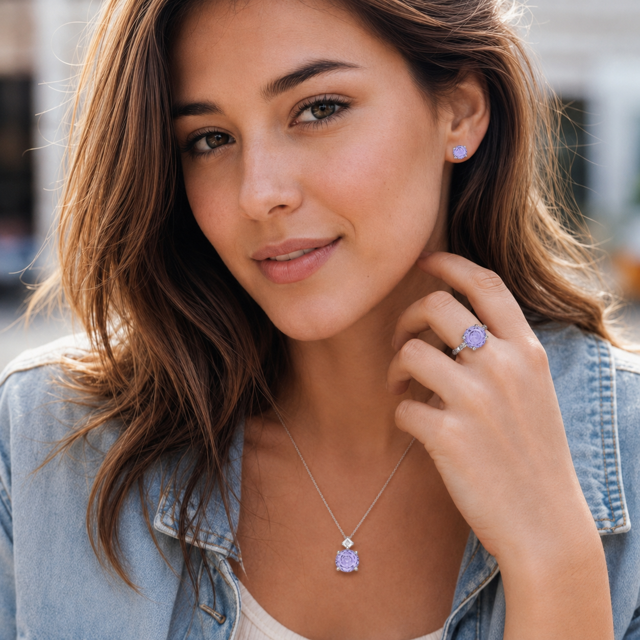 925 Sterling Silver Rose Cut Purple Zircon Jewelry Set – Round Gemstone Ring, Necklace & Earrings for Women