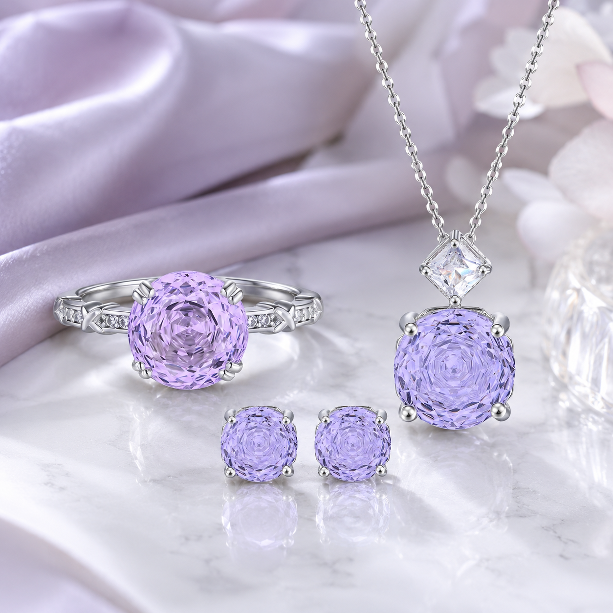 925 Sterling Silver Rose Cut Purple Zircon Jewelry Set – Round Gemstone Ring, Necklace & Earrings for Women