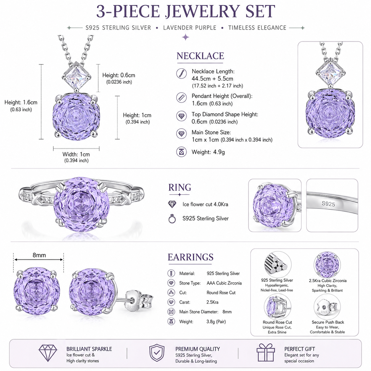 925 Sterling Silver Rose Cut Purple Zircon Jewelry Set – Round Gemstone Ring, Necklace & Earrings for Women