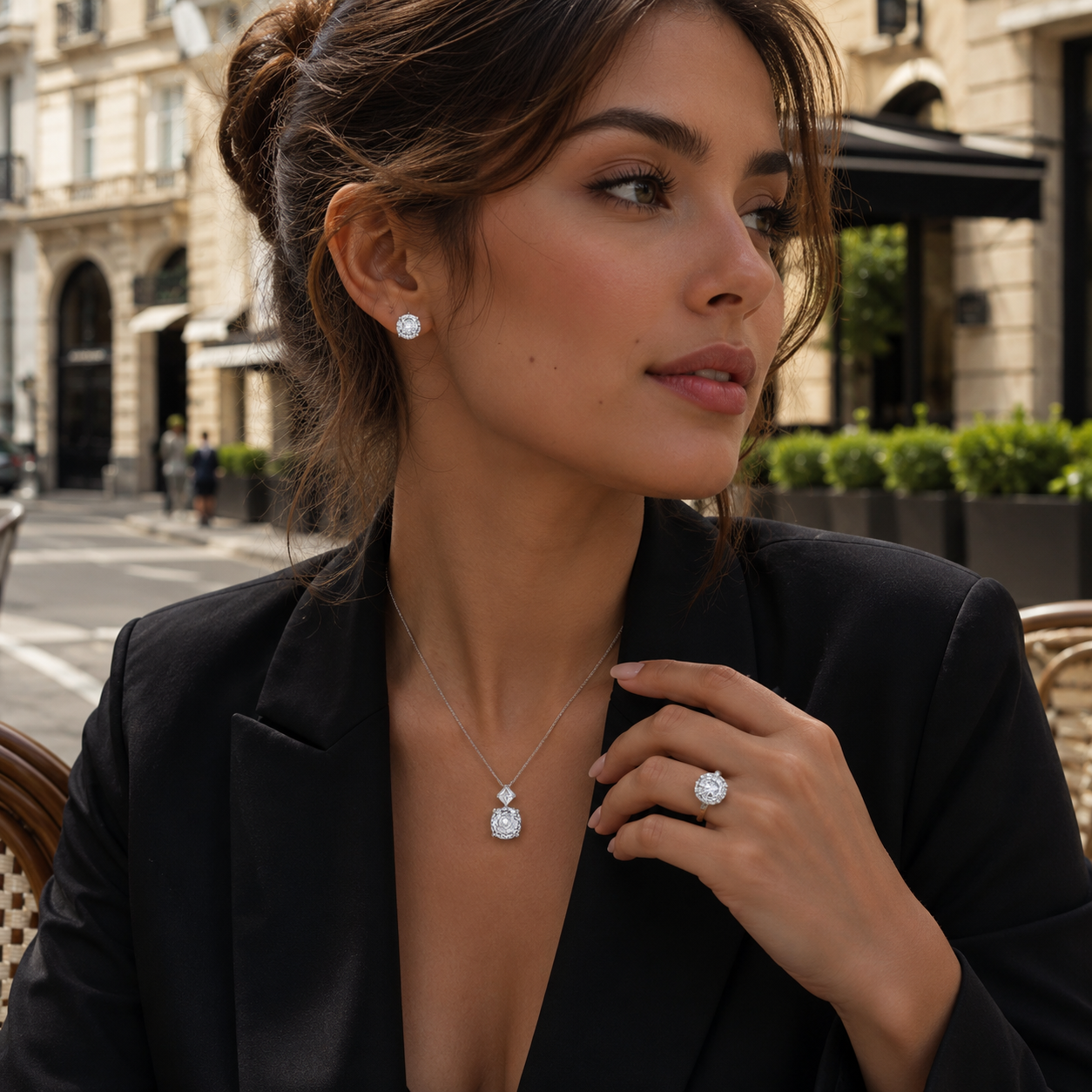 S925 Sterling Silver Rose Cut Cubic Zirconia Jewelry Set – Ring, Necklace & Stud Earrings