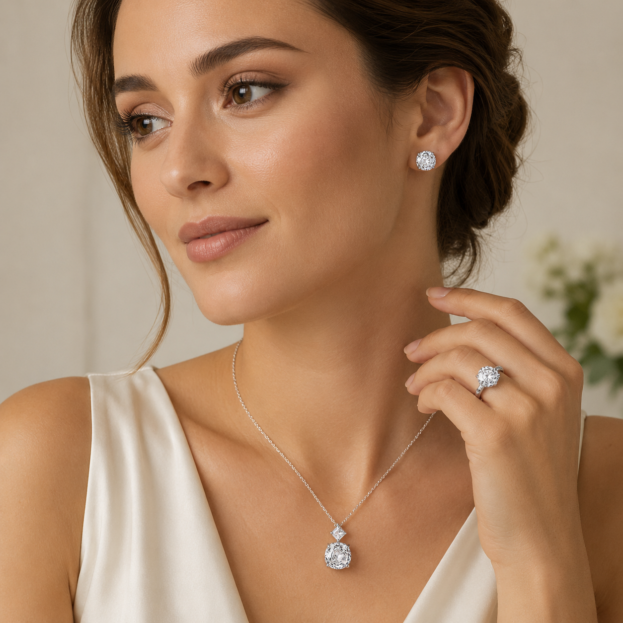S925 Sterling Silver Rose Cut Cubic Zirconia Jewelry Set – Ring, Necklace & Stud Earrings