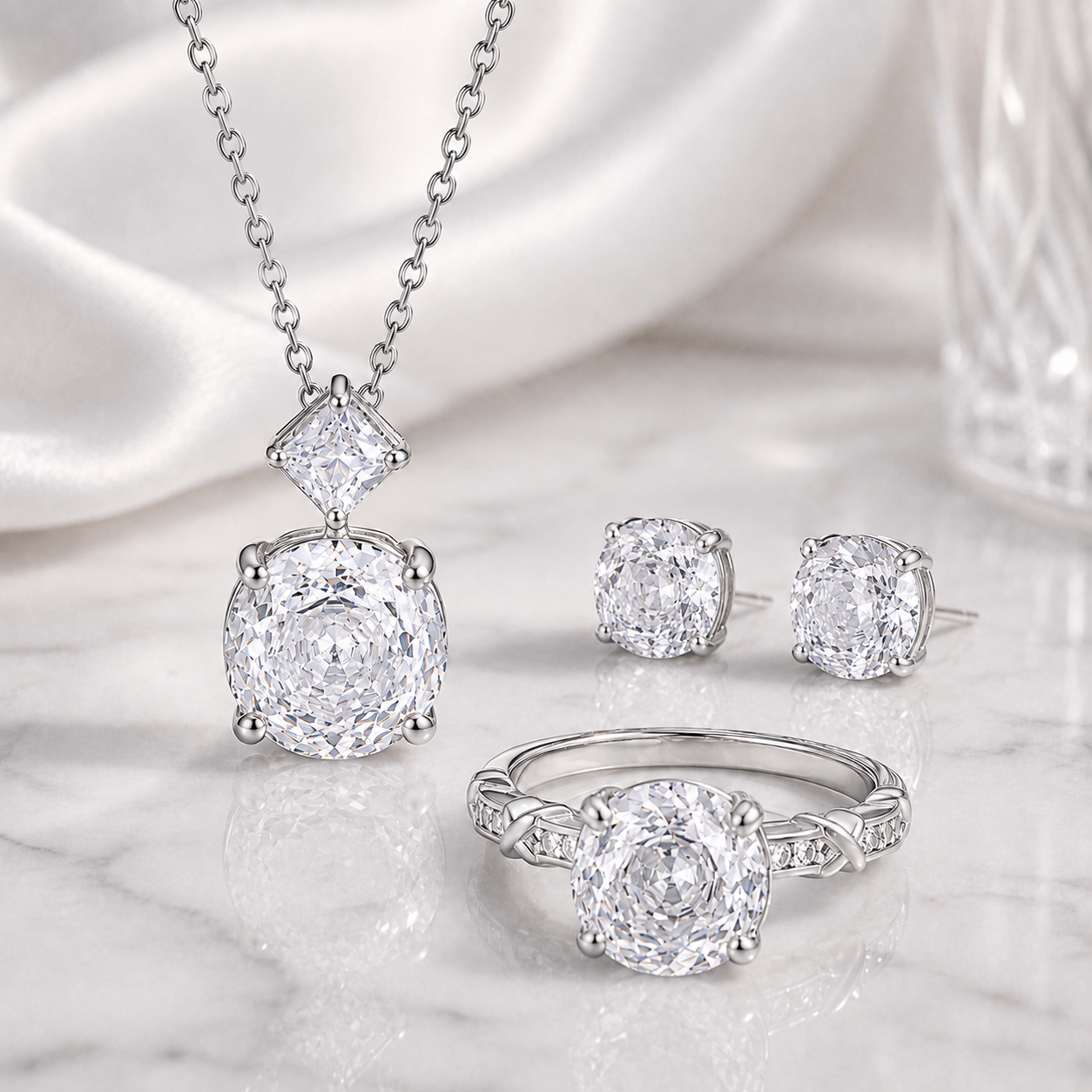 S925 Sterling Silver Rose Cut Cubic Zirconia Jewelry Set – Ring, Necklace & Stud Earrings