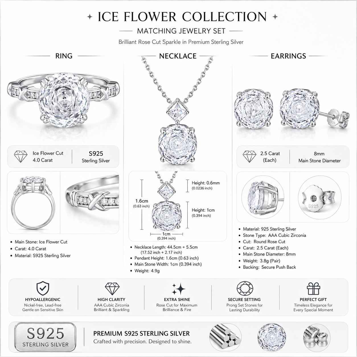S925 Sterling Silver Rose Cut Cubic Zirconia Jewelry Set – Ring, Necklace & Stud Earrings