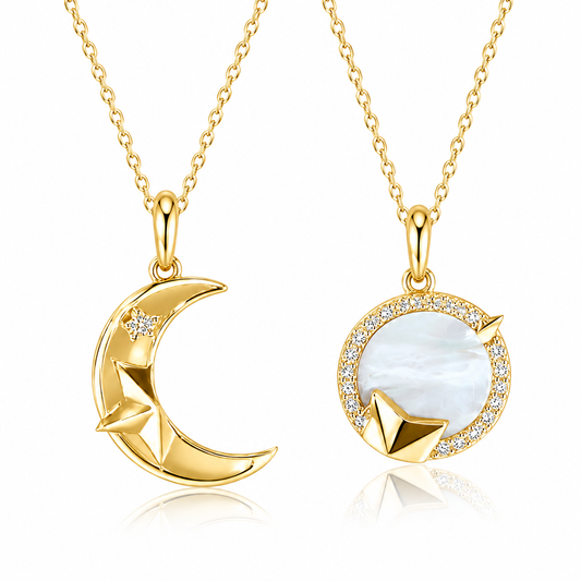 925 Silver ZirconiaDouble Chain Couple Necklace Set – Matching Moon & Star Pendant Necklaces for Him and Her