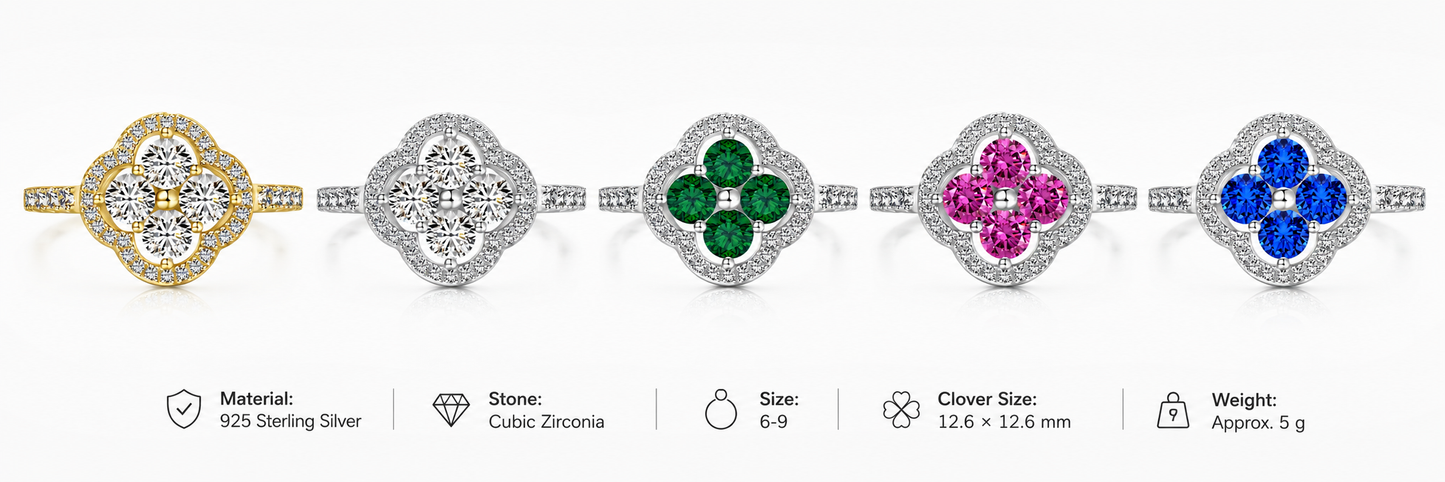 925 Sterling Silver Clover Flower Cubic Zirconia Ring for Women | Elegant Statement Jewelry