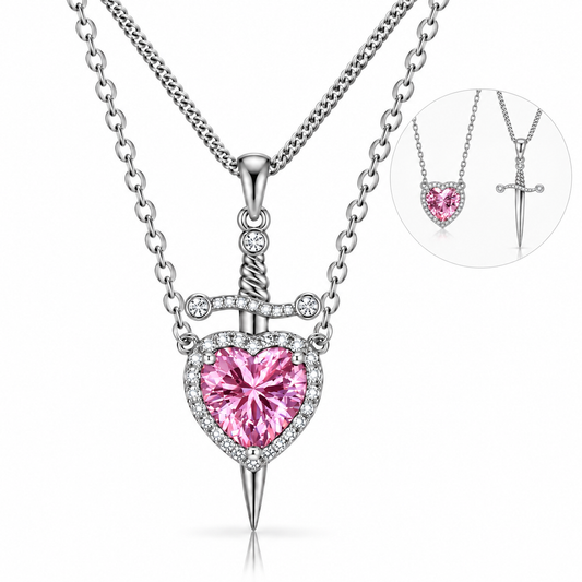 925 Sterling Silver Heart & Sword Layered Necklace for Women – Romantic Gothic Pendant Jewelry Gift