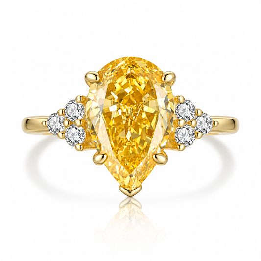 925 Sterling Silver Pear Cut Yellow Cubic Zirconia Ring for Women – Gold Tone Statement Engagement Ring