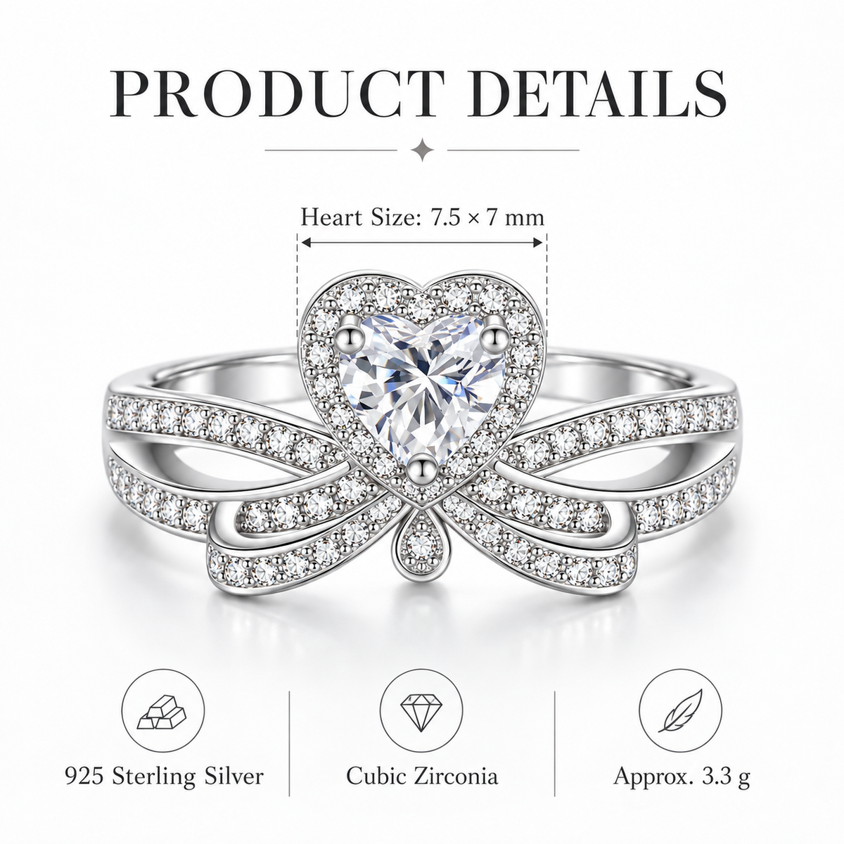 925 Sterling Silver Heart Cut Cubic Zirconia Bow Ring for Women – Elegant Promise Engagement Ring