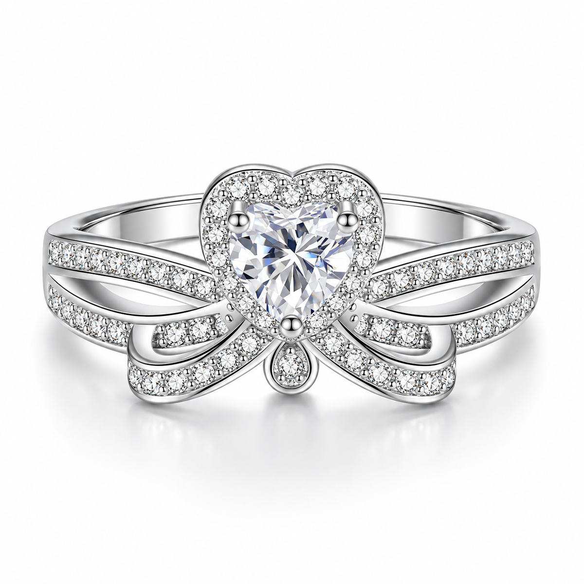 925 Sterling Silver Heart Cut Cubic Zirconia Bow Ring for Women – Elegant Promise Engagement Ring