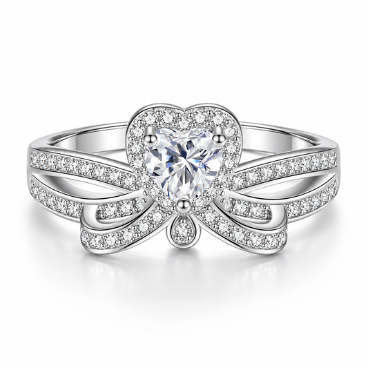 925 Sterling Silver Heart Cut Cubic Zirconia Bow Ring for Women – Elegant Promise Engagement Ring