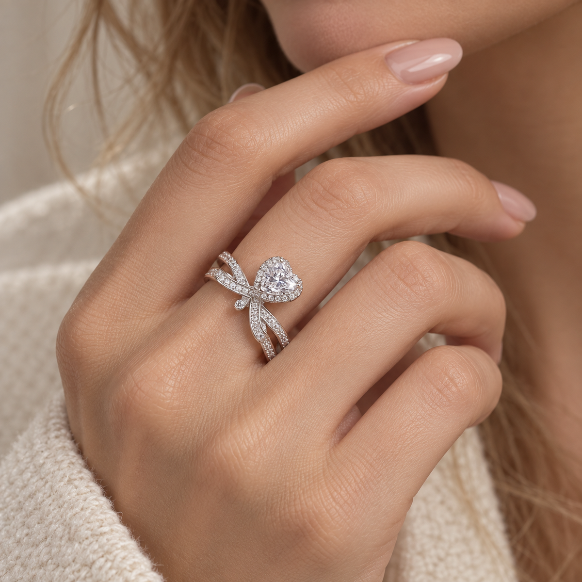 925 Sterling Silver Heart Cut Cubic Zirconia Bow Ring for Women – Elegant Promise Engagement Ring