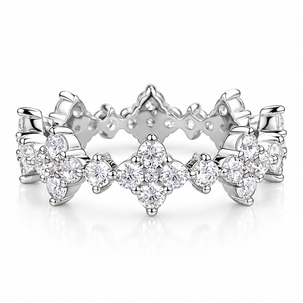 925 Sterling Silver Floral Cluster Eternity Ring for Women – Sparkling Cubic Zirconia Band