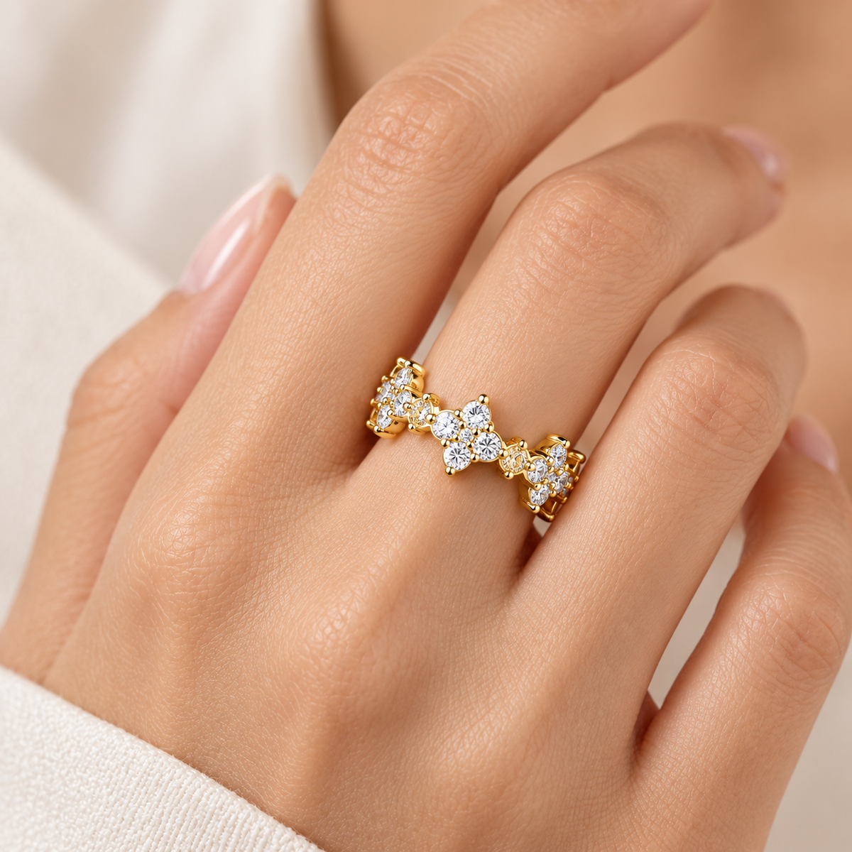 925 Sterling Silver Floral Cluster Eternity Ring for Women – Sparkling Cubic Zirconia Band