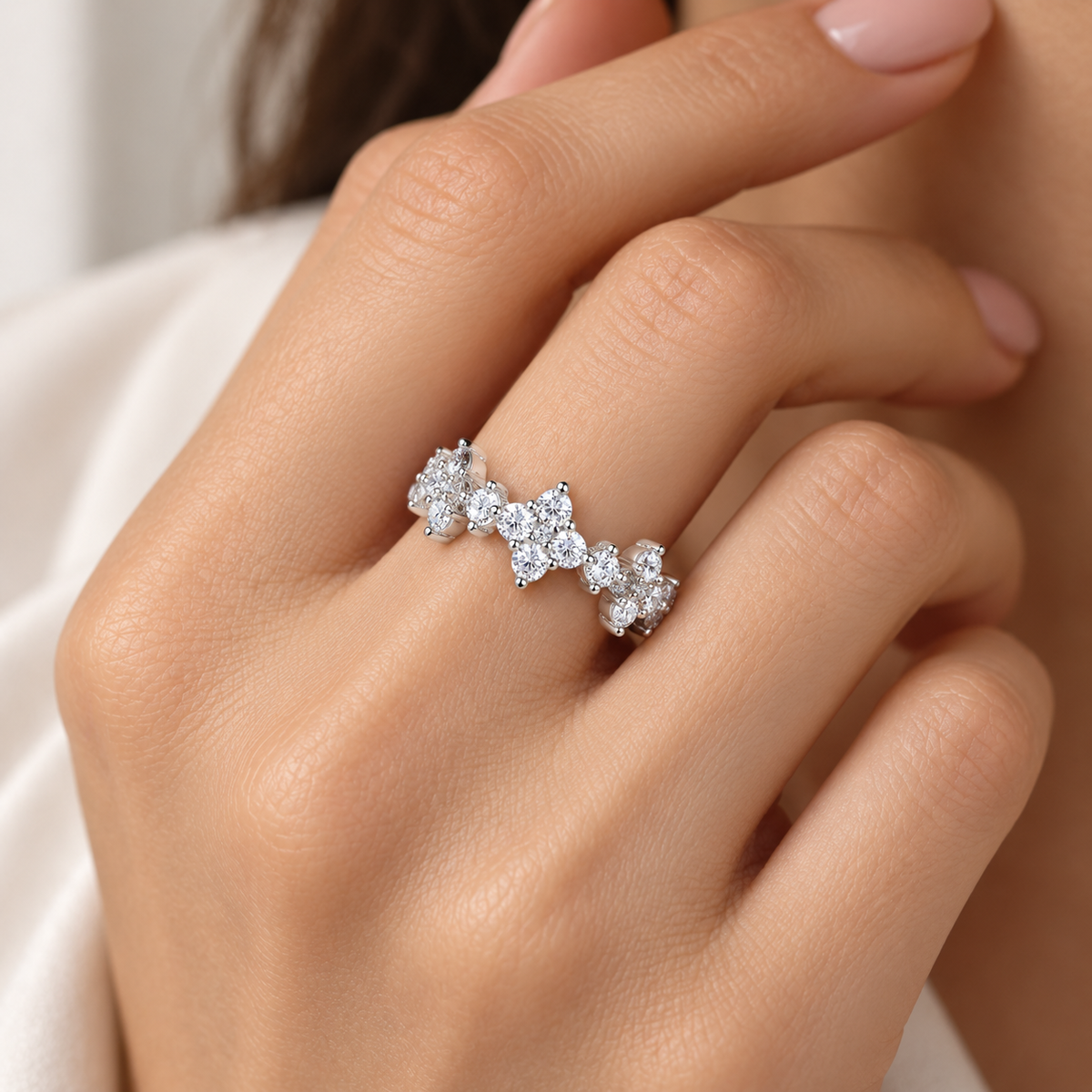 925 Sterling Silver Floral Cluster Eternity Ring for Women – Sparkling Cubic Zirconia Band