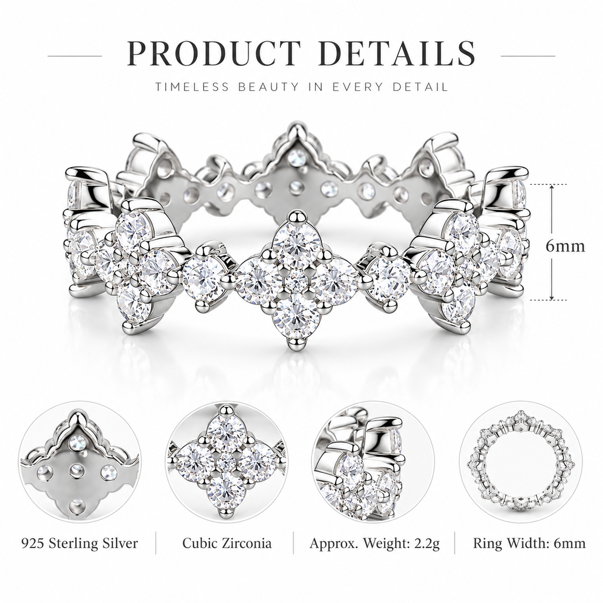 925 Sterling Silver Floral Cluster Eternity Ring for Women – Sparkling Cubic Zirconia Band