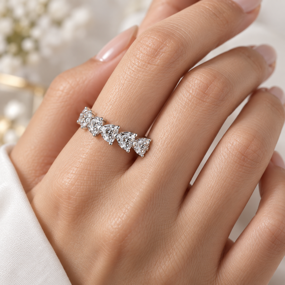 925 Sterling Silver Heart Cut Eternity Ring – Sparkling Cubic Zirconia Band for Women