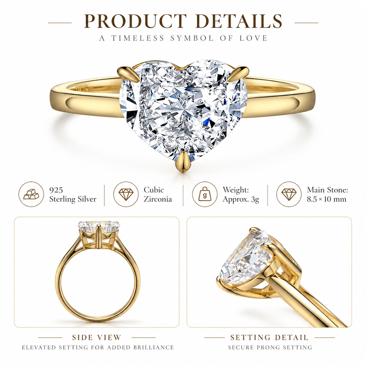 925 Sterling Silver Heart Cut Cubic Zirconia Solitaire Ring for Women – Gold Tone Promise Engagement Ring