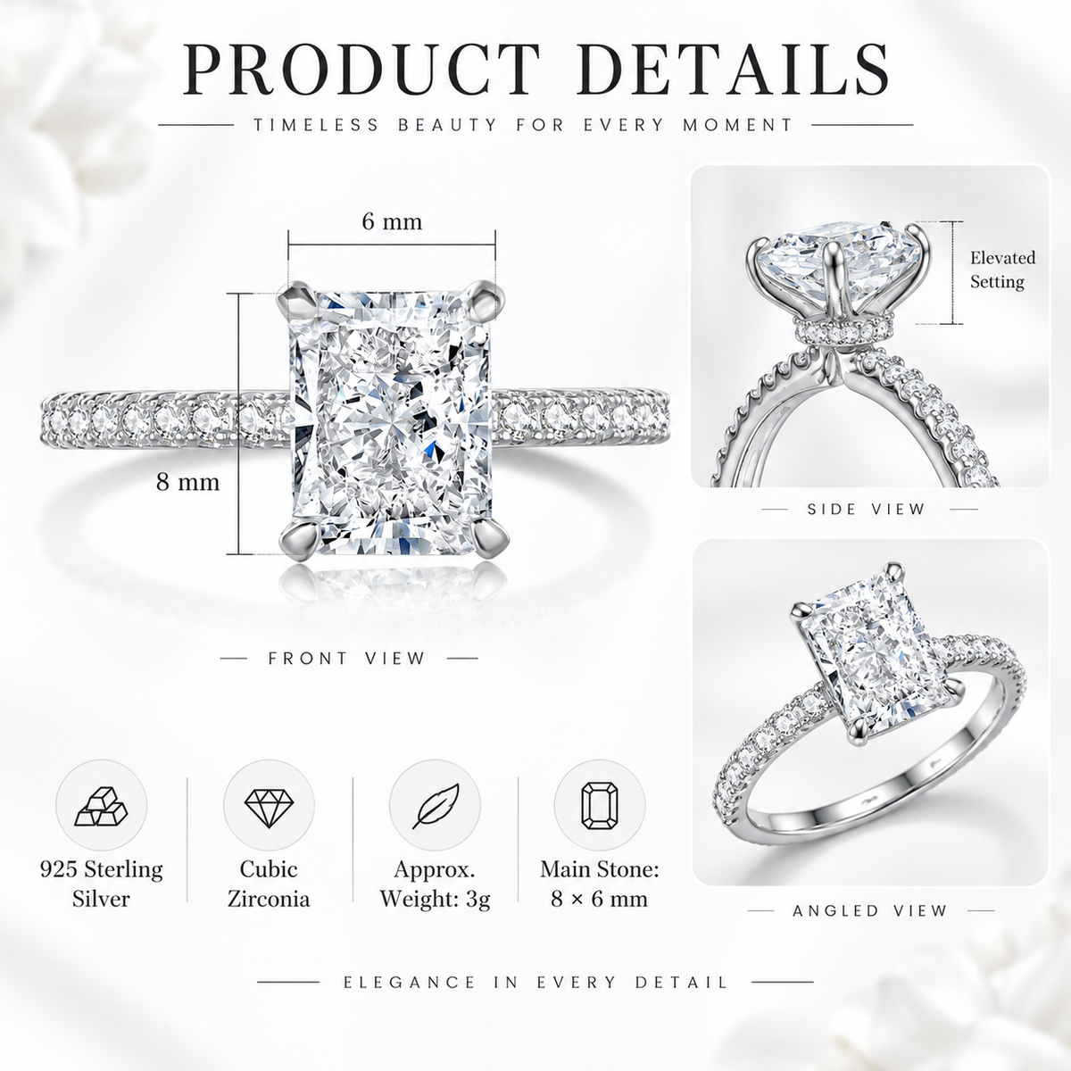 925 Sterling Silver Radiant Cut Cubic Zirconia Ring for Women – Gold & Silver Pavé Band