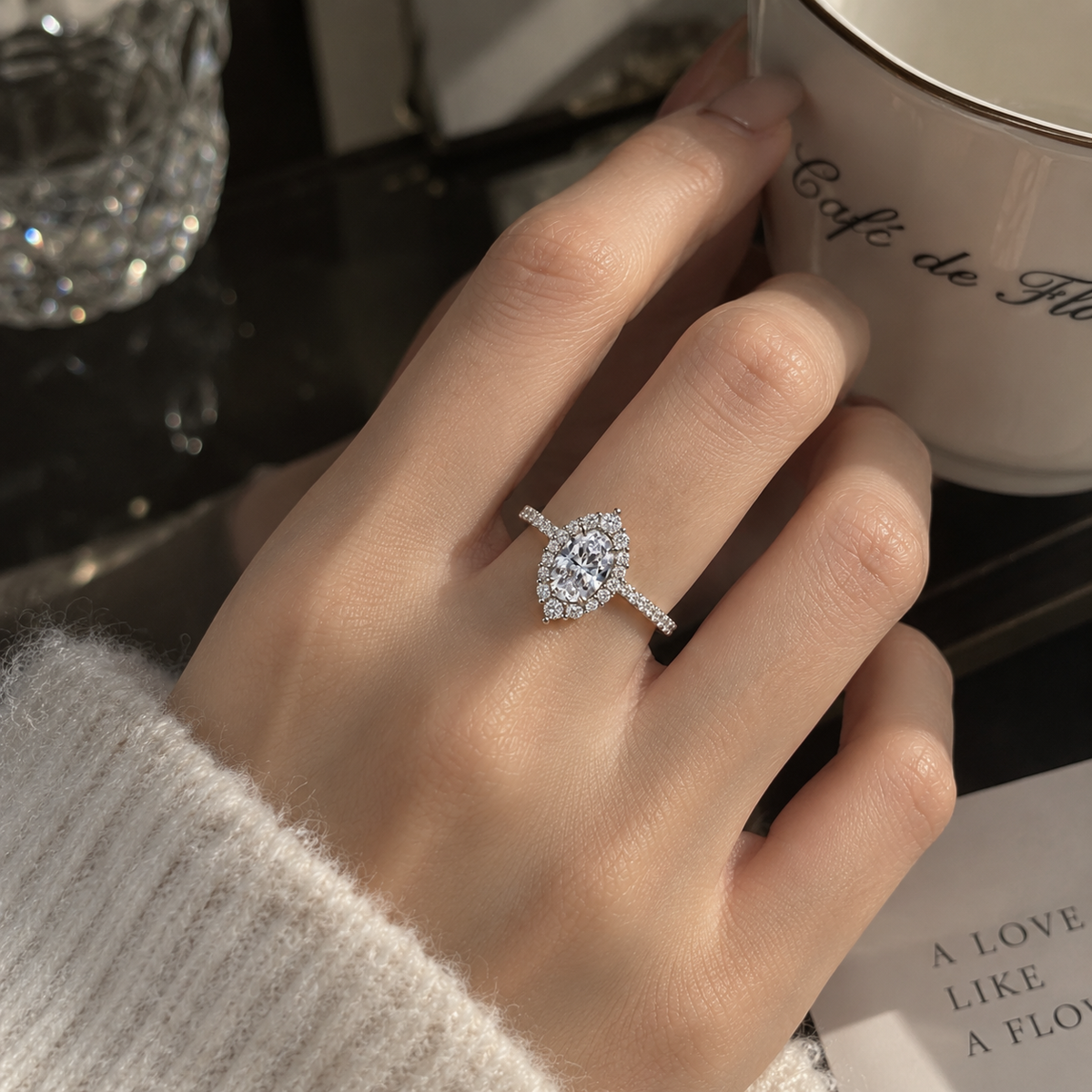 925 Sterling Silver Oval Cut Cubic Zirconia Halo Ring for Women – Vintage Inspired Pavé Engagement Ring