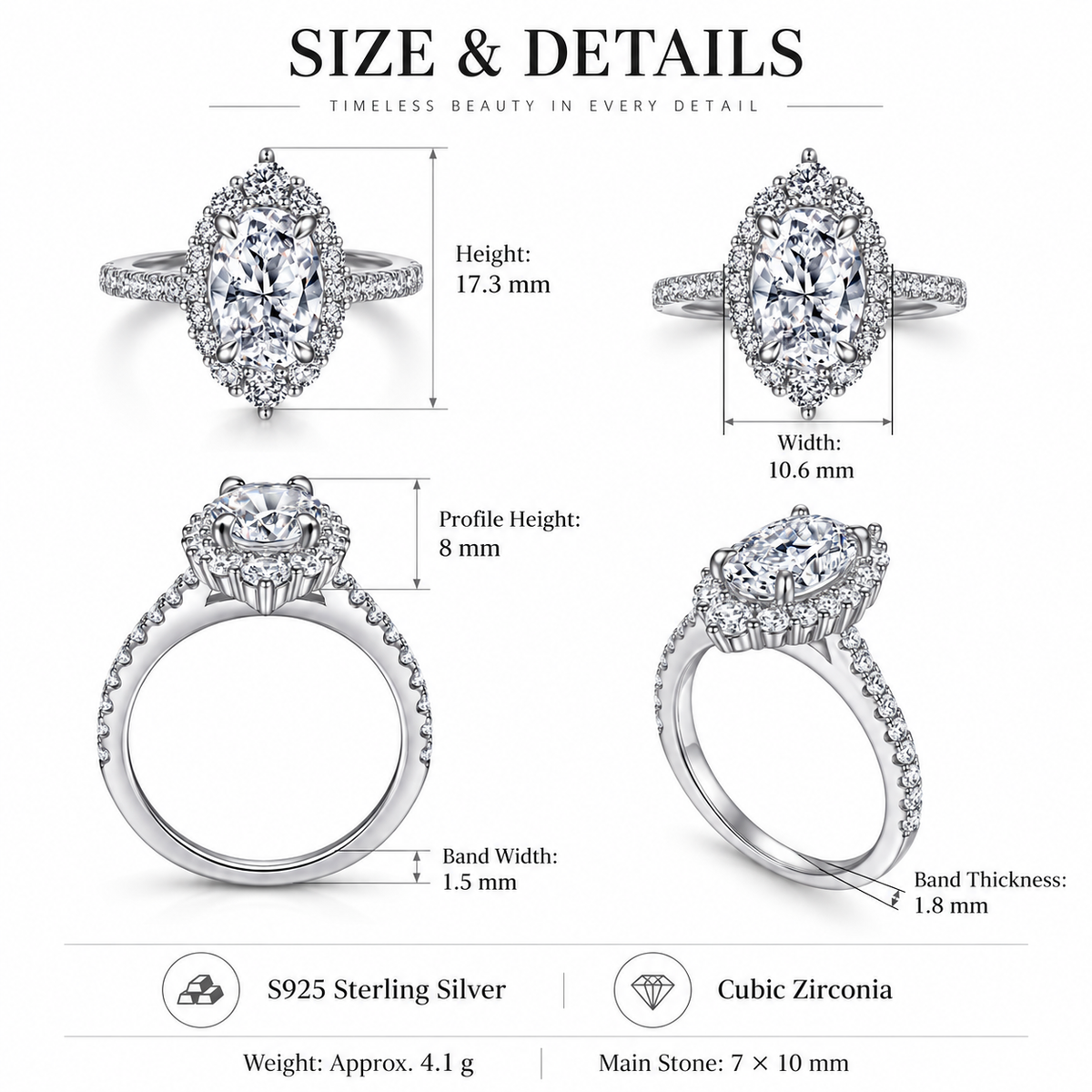 925 Sterling Silver Oval Cut Cubic Zirconia Halo Ring for Women – Vintage Inspired Pavé Engagement Ring
