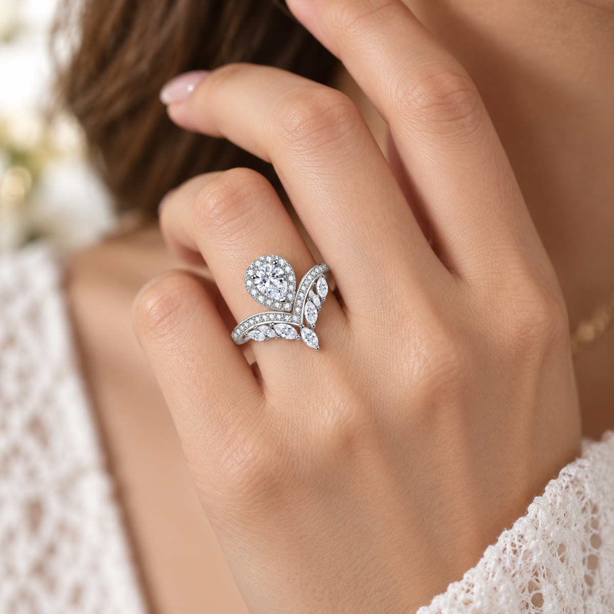 925 Sterling Silver Pear Cut CZ Tiara Crown Ring for Women – Halo Pavé Statement Engagement Ring