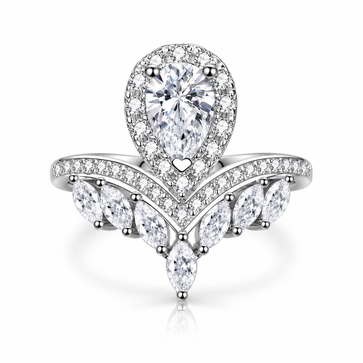 925 Sterling Silver Pear Cut CZ Tiara Crown Ring for Women – Halo Pavé Statement Engagement Ring