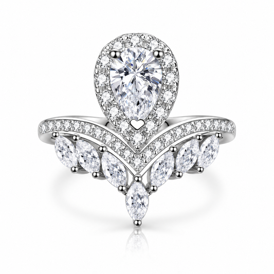 925 Sterling Silver Pear Cut CZ Tiara Crown Ring for Women – Halo Pavé Statement Engagement Ring