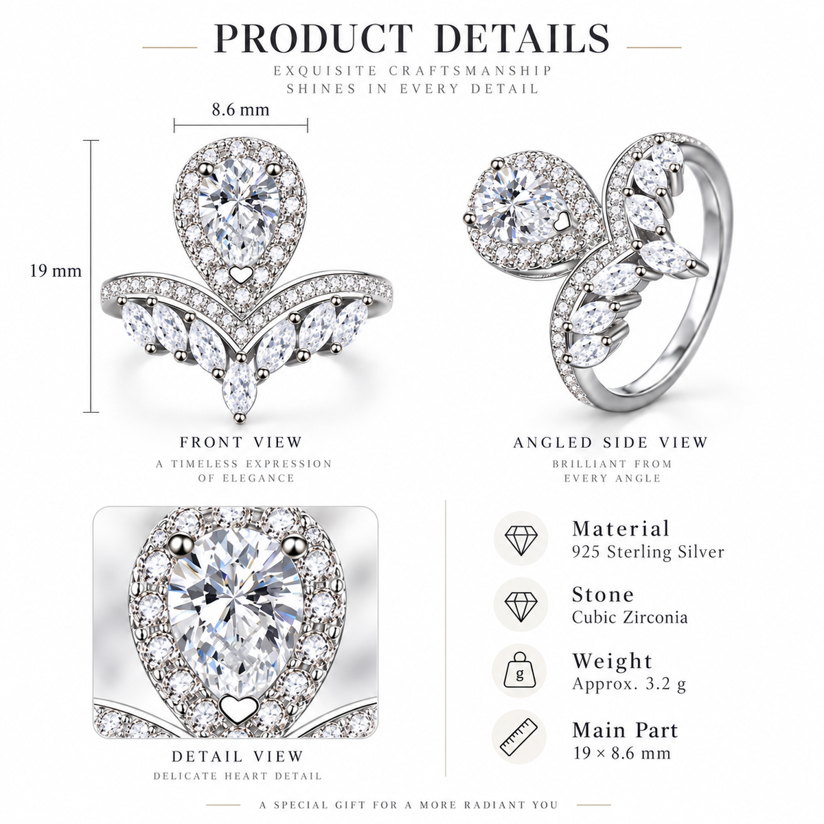 925 Sterling Silver Pear Cut CZ Tiara Crown Ring for Women – Halo Pavé Statement Engagement Ring