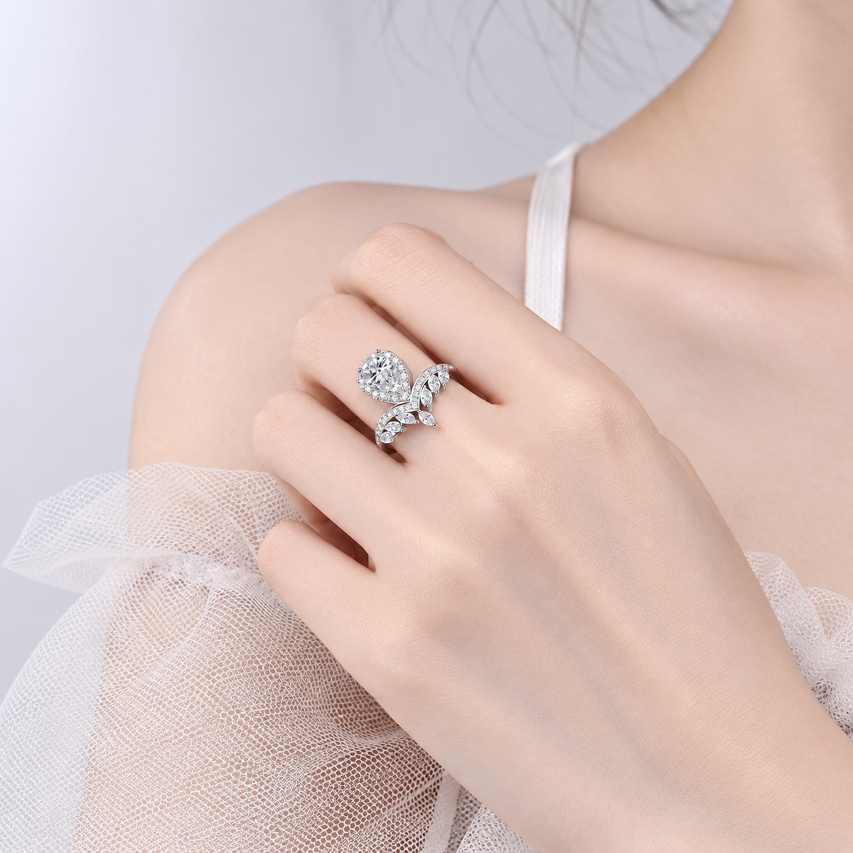 925 Sterling Silver Pear Cut CZ Tiara Crown Ring for Women – Halo Pavé Statement Engagement Ring